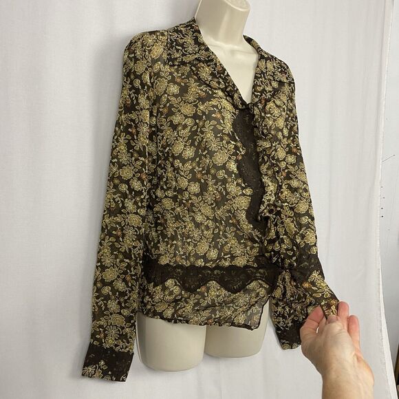 Vintage Liz Claiborne Top Womens 8 Medium Brown Sheer Floral Lacy Cottage Fairy - Picture 3 of 13
